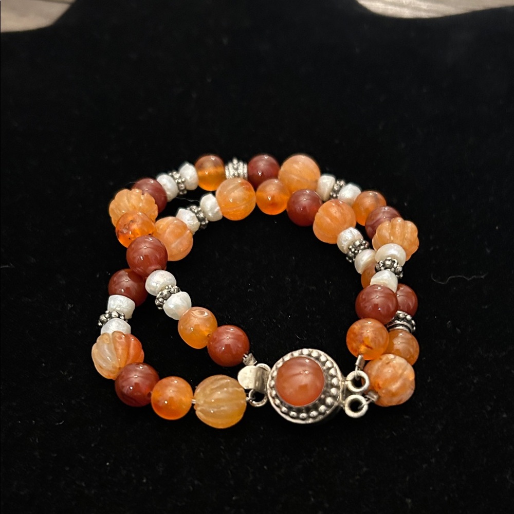 Vintage Carnelian Bracelet Cabochon Set Sterling Clasp 7”